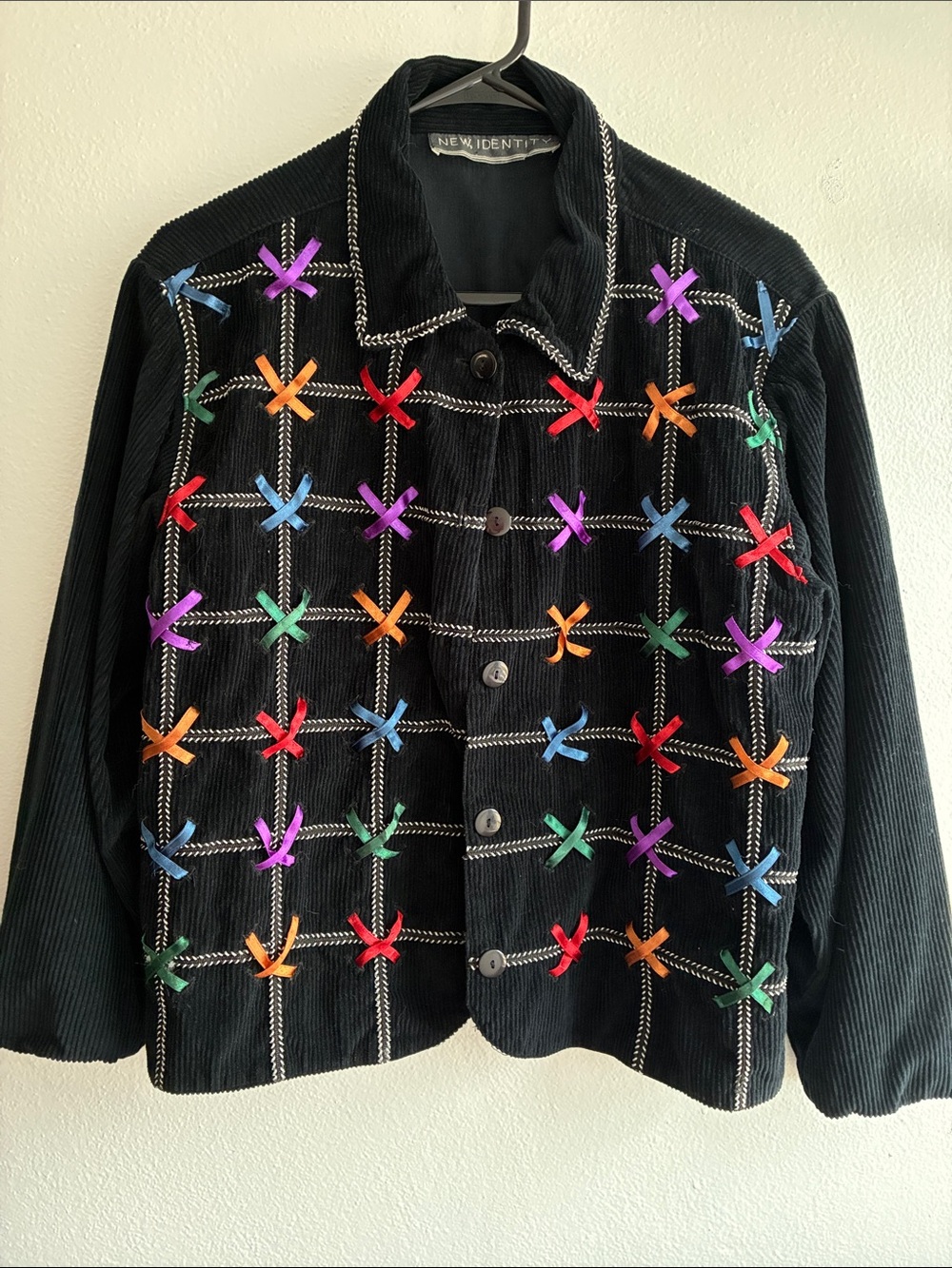 NEW IDENTITY Vintage Black Corduroy Jacket with Multicolor Ribbon Grid